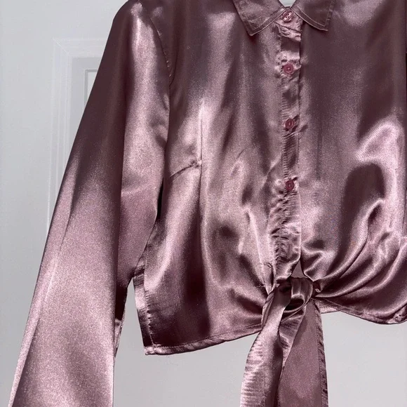 Satin Tie-Front Blouse - Dusty Rose - Picture 8 of 9